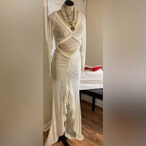 Studio Cream Ruffle Trim Mesh Cut-Out Maxi Dress